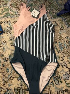 Senita Athletics One-Piece Swimsuit in Blush Pink and Dark Teal with Stripes